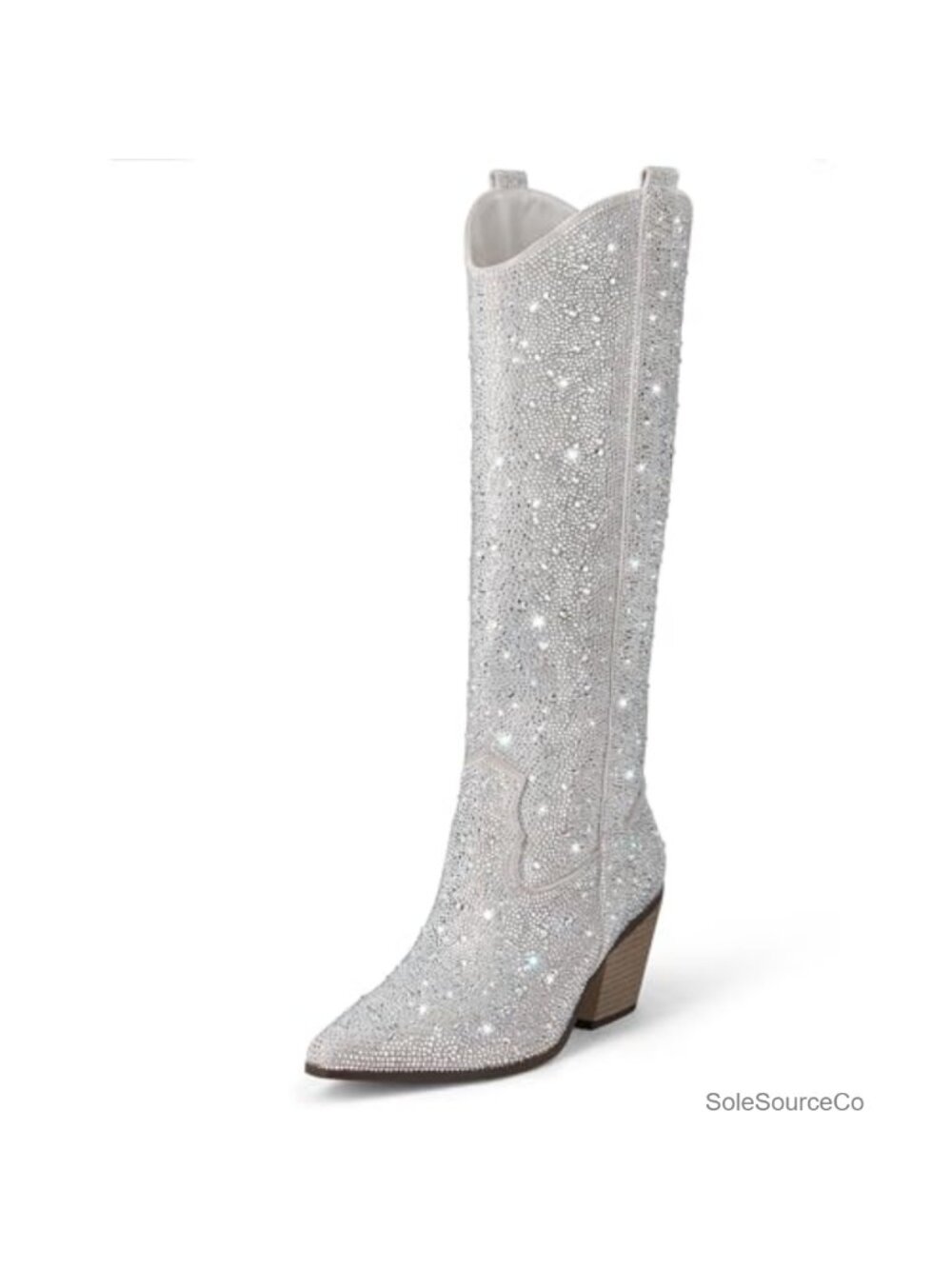 Rhinestone Mid Calf Boots Sparkly Block Heel Cowboy Boots Glitter Suede